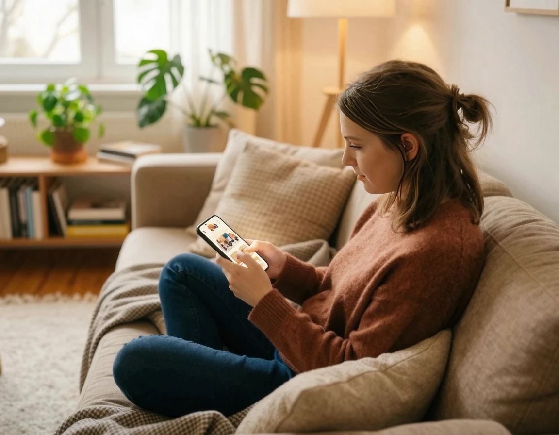 스마트폰으로 포장이사 어플 후기를 꼼꼼히 비교하는 여성