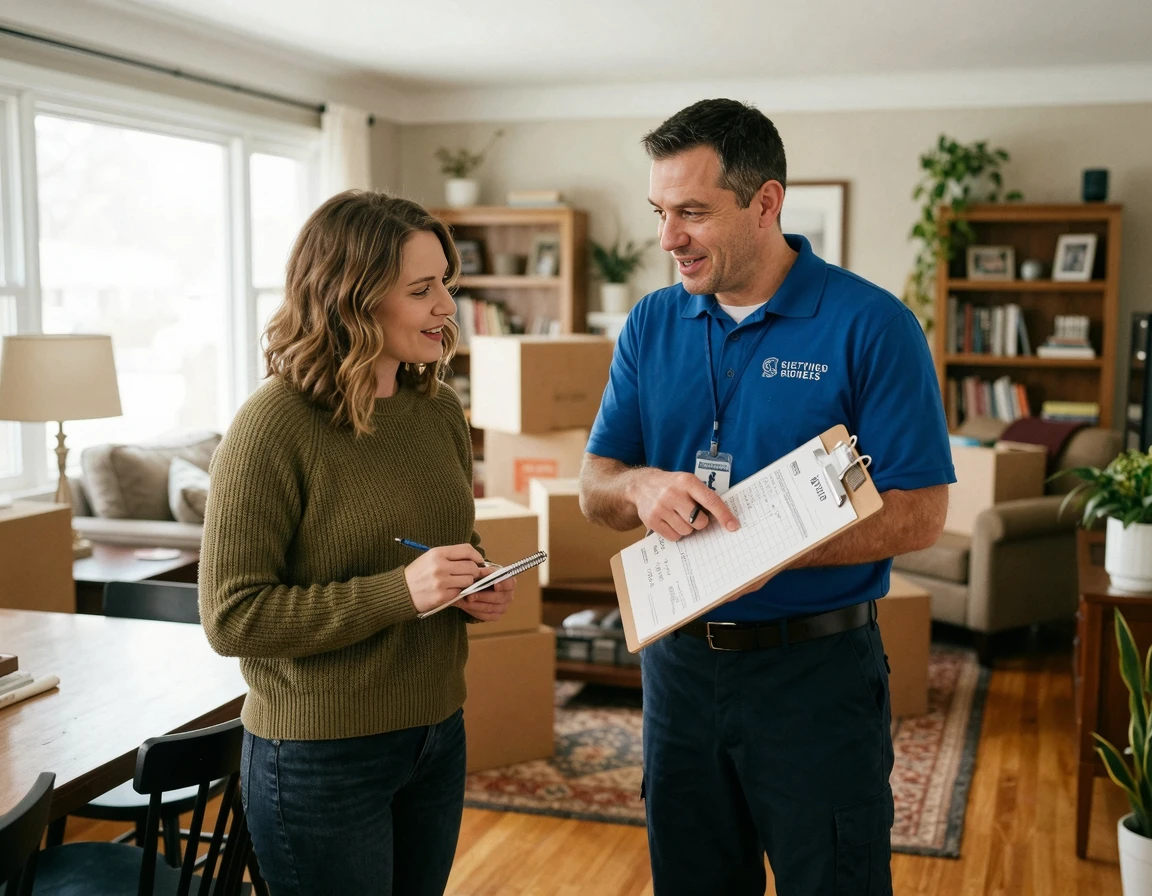 거실에서 고객과 함께 방문 견적서를 작성하며 상담하는 이사 업체 직원