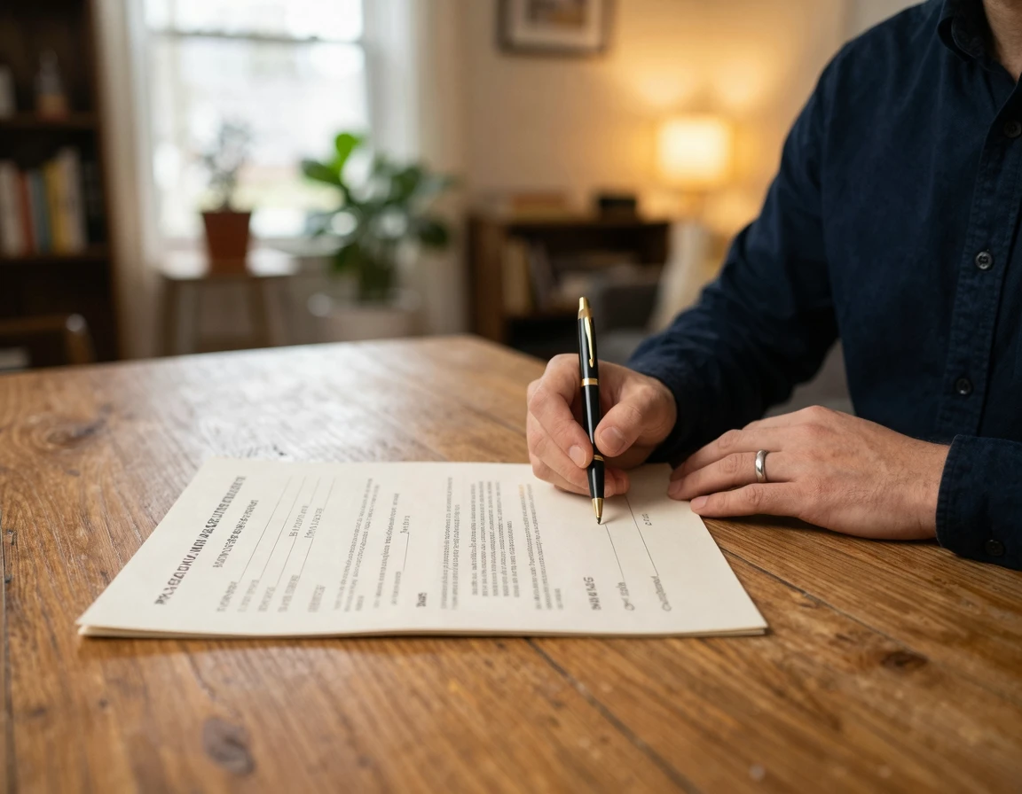 포장이사 계약서와 펜이 놓인 나무 테이블