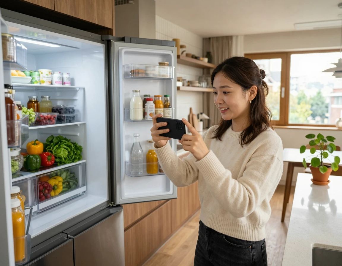 스마트폰으로 냉장고 사진을 찍고 있는 여성