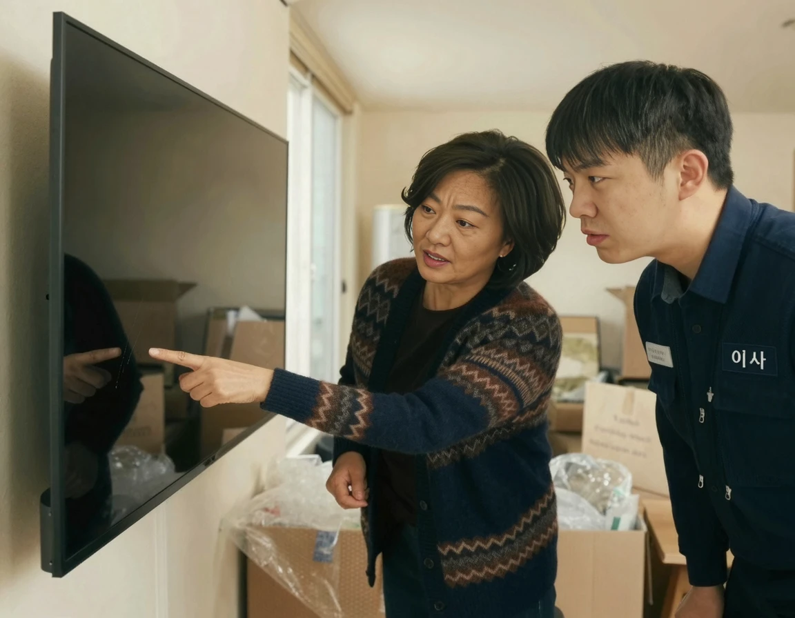 TV 스크래치를 가리키며 물품 파손으로 이삿짐센터 직원과 이야기하는 모습