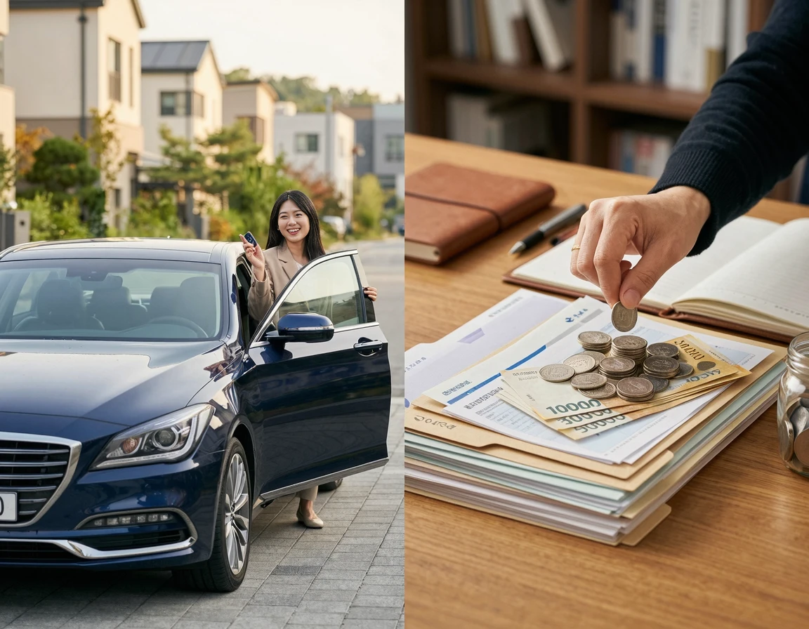 신차와 금융 서류를 통해 총비용을 비교하는 모습