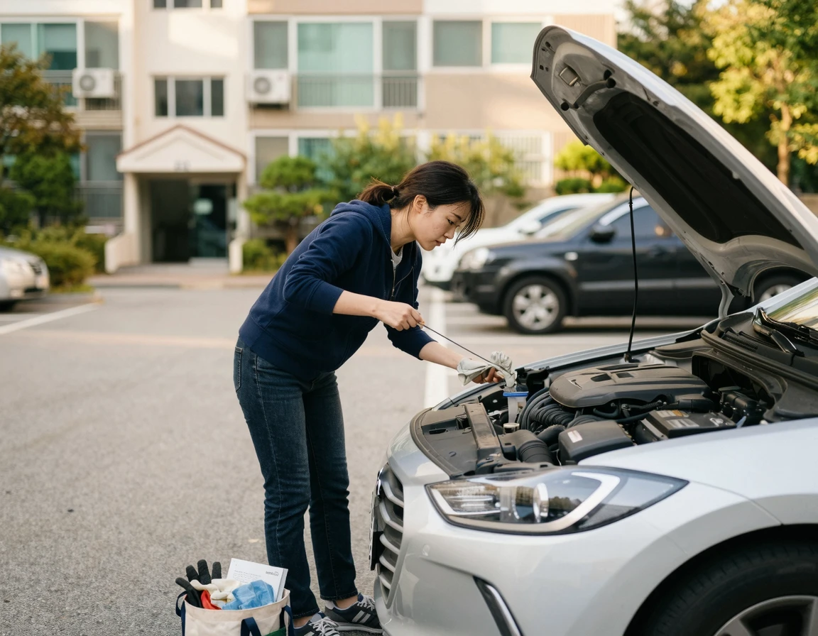 보닛을 열고 엔진 오일양을 점검하는 20대 한국 남성