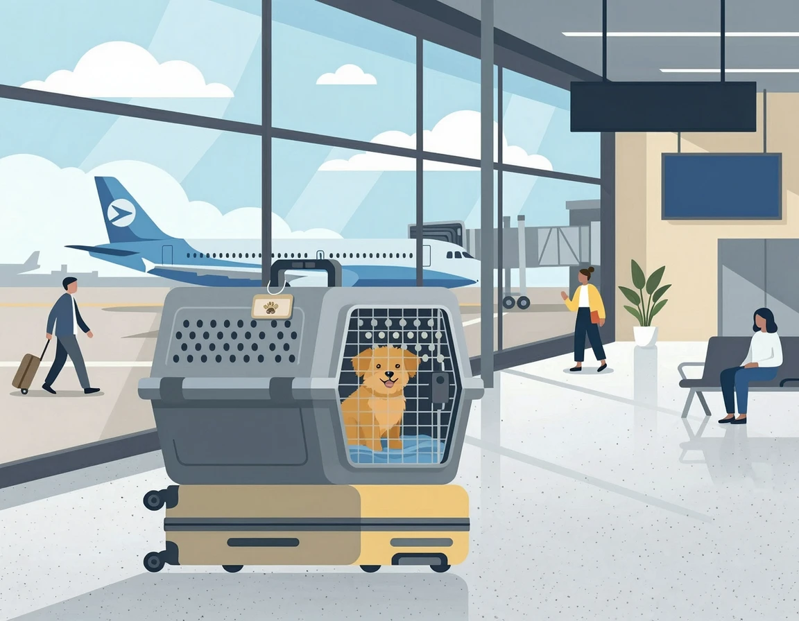 비행기 좌석 아래에 놓인 메쉬 소재의 강아지 소프트 이동가방 일러스트