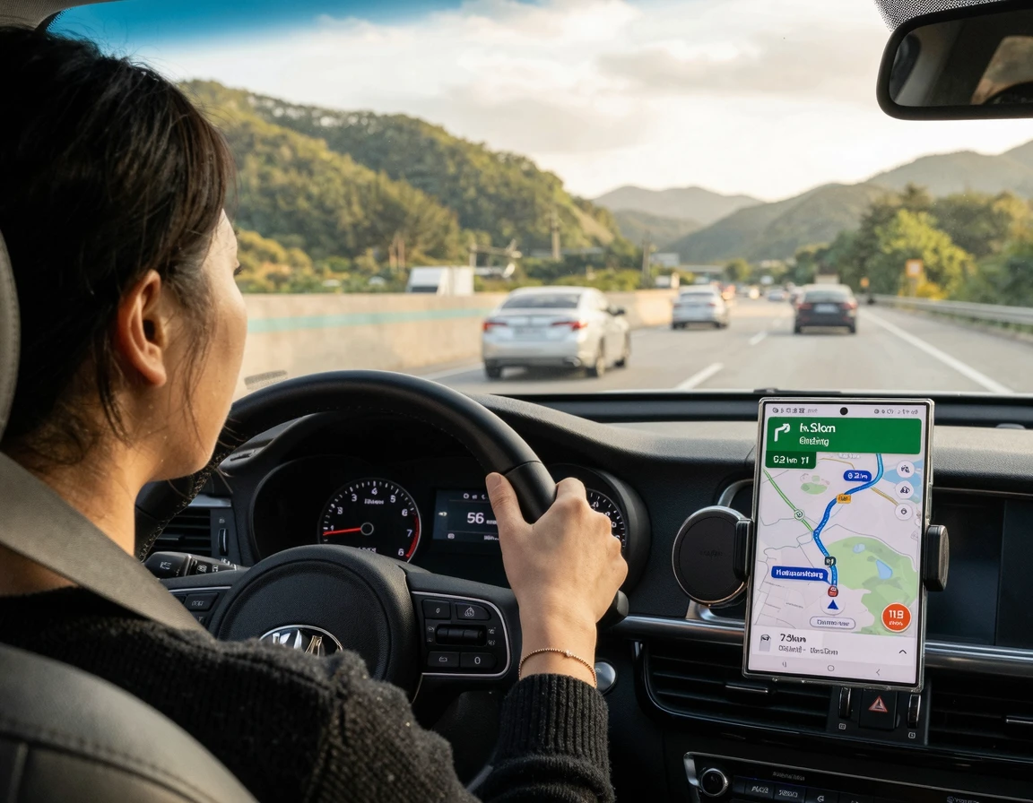 자동차 대시보드에 거치된 스마트폰 내비게이션 화면