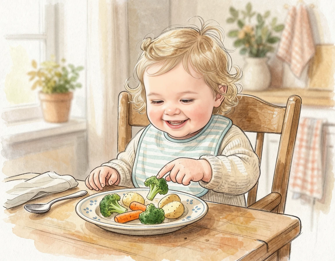 브로콜리를 만지며 즐거워하는 아이