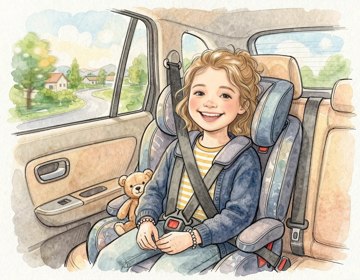 부스터 카시트에 안전하게 앉아있는 초등학생