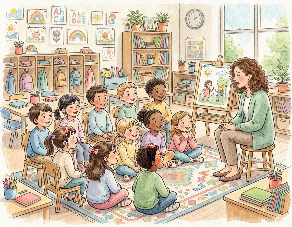 밝은 교실에서 수업을 듣는 아이들