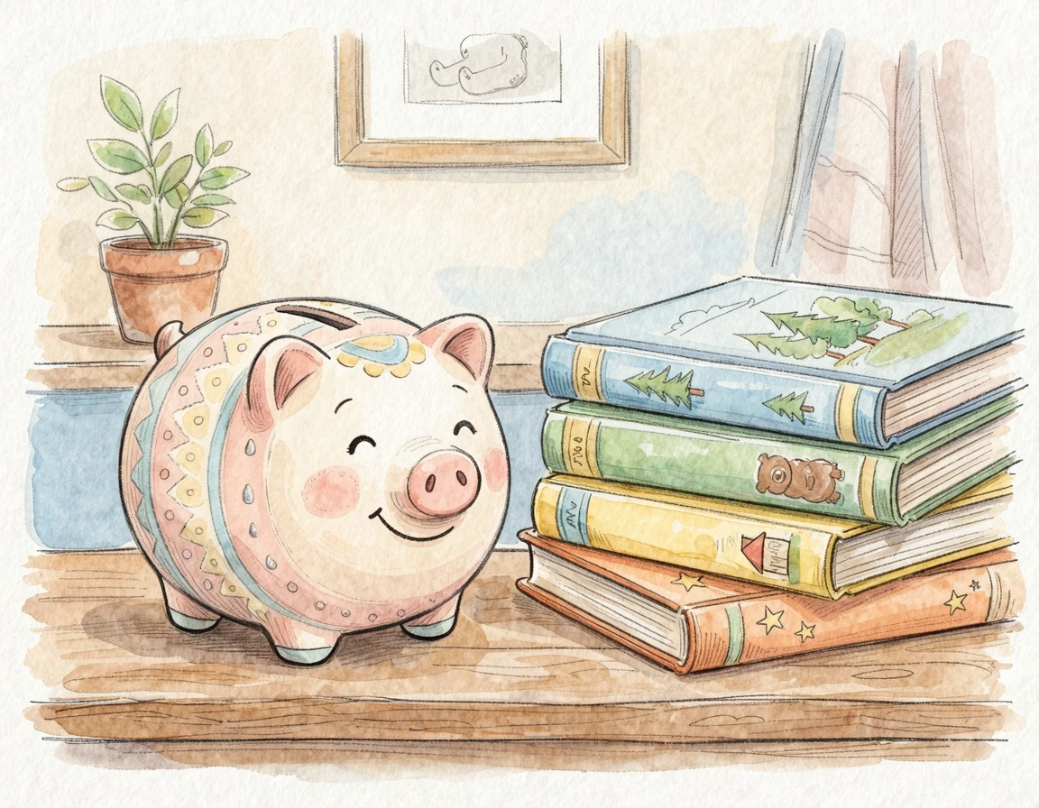 책 더미 옆에 놓인 귀여운 돼지저금통