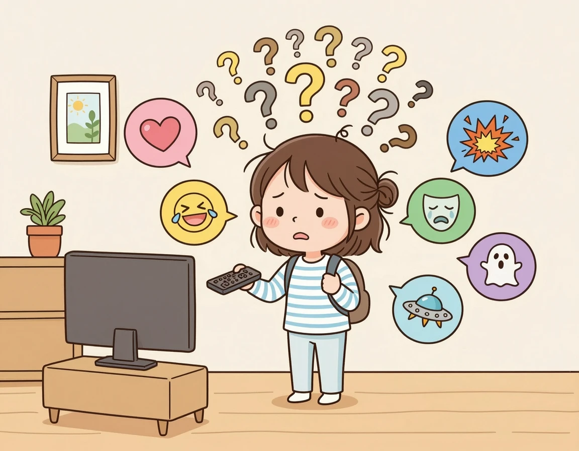 리모컨을 들고 여러 장르 중 어떤 것을 고를지 고민하는 사람