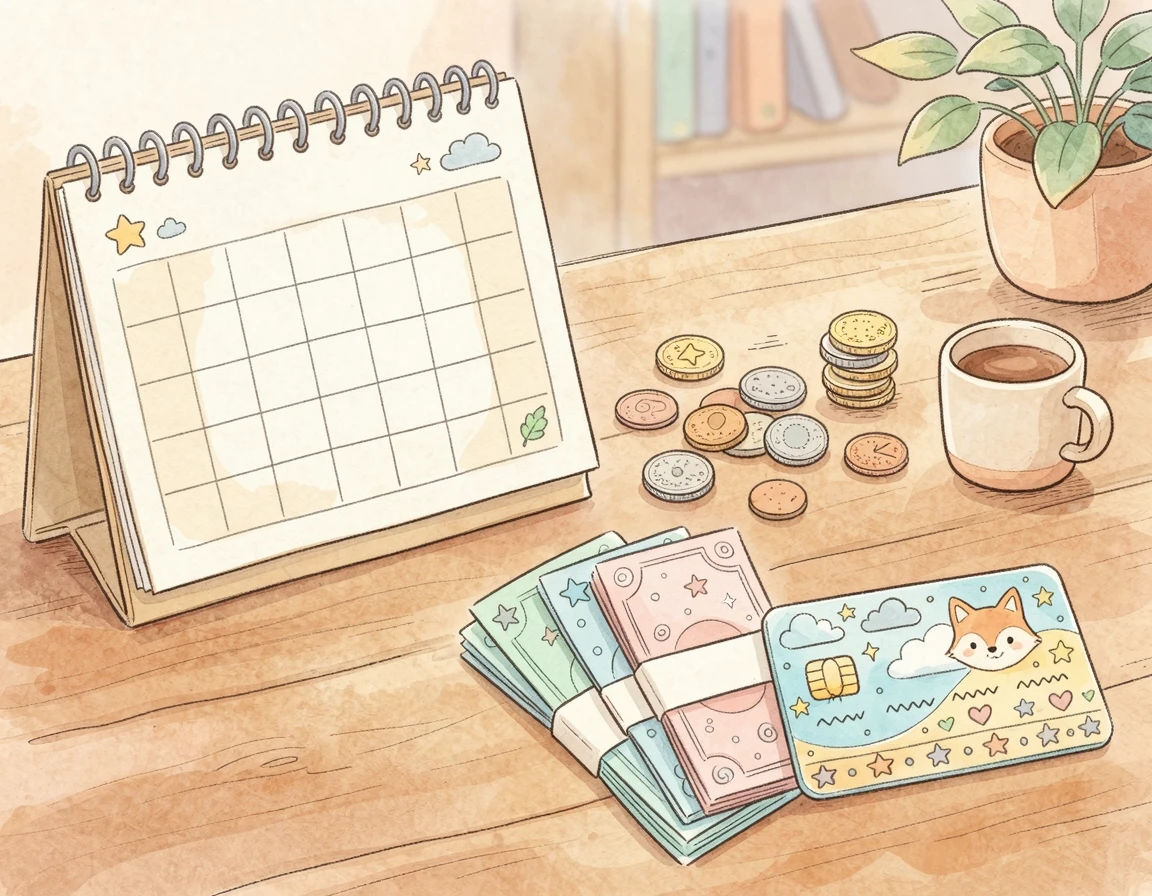 달력과 현금, 어린이용 카드가 놓여있는 책상