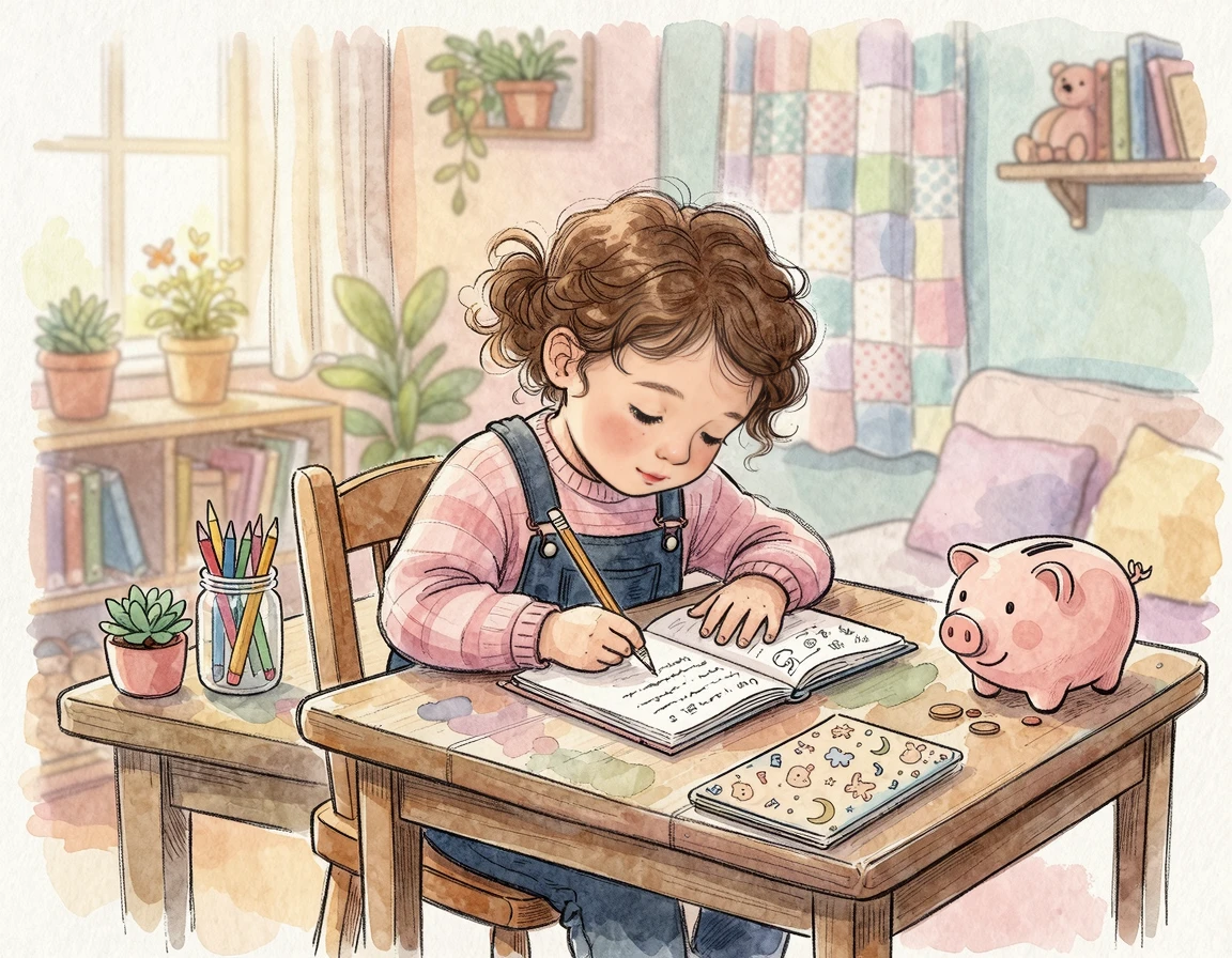 책상에 앉아 연필로 용돈 기입장을 적고 있는 아이