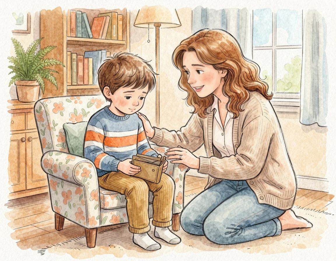 빈 지갑을 든 아이와 다정하게 대화하는 부모