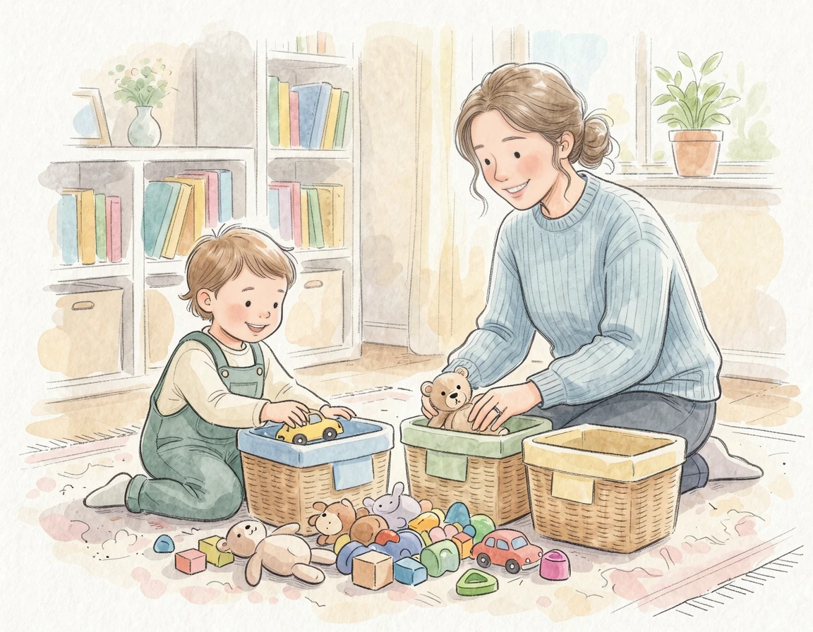 아이와 함께 바구니 세 개를 놓고 장난감을 분류하는 모습