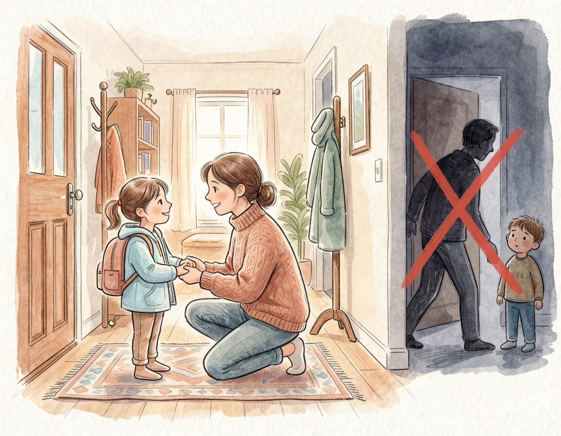 몰래 사라지지 않고 아이와 눈을 맞추며 제대로 인사하는 올바른 작별 모습