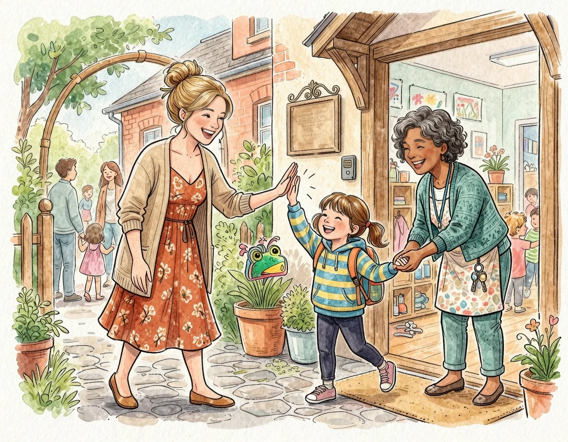 어린이집 입구에서 아이와 밝게 하이파이브하며 인사하는 엄마