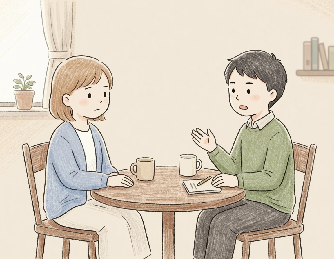 테이블을 사이에 두고 진지하게 대화를 나누는 두 사람