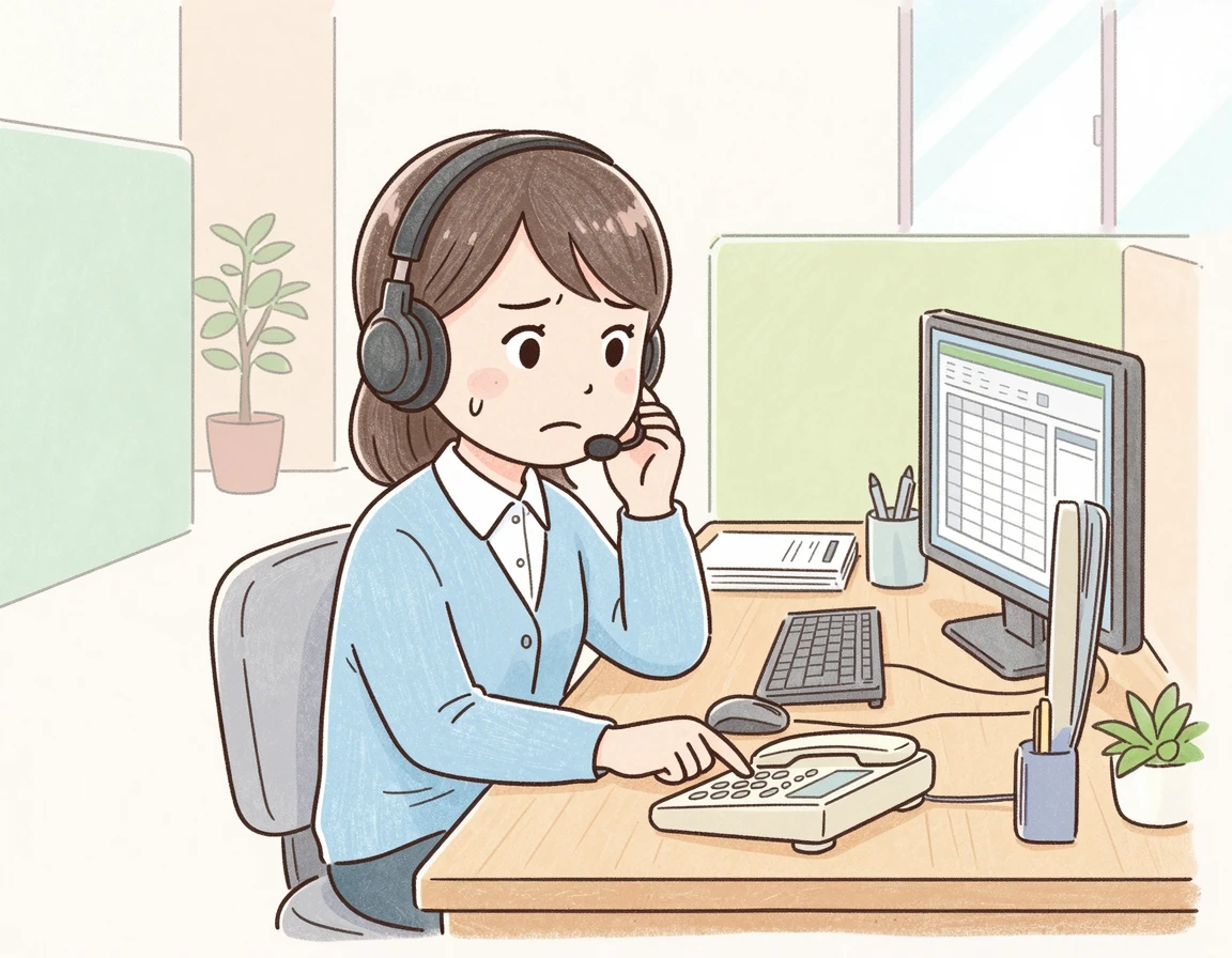 헤드셋을 끼고 긴장한 표정으로 전화를 받는 사람