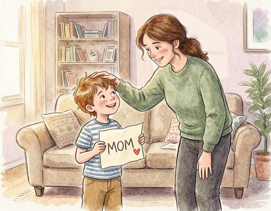 글자를 직접 쓰고 뿌듯해하는 아이를 칭찬하는 엄마