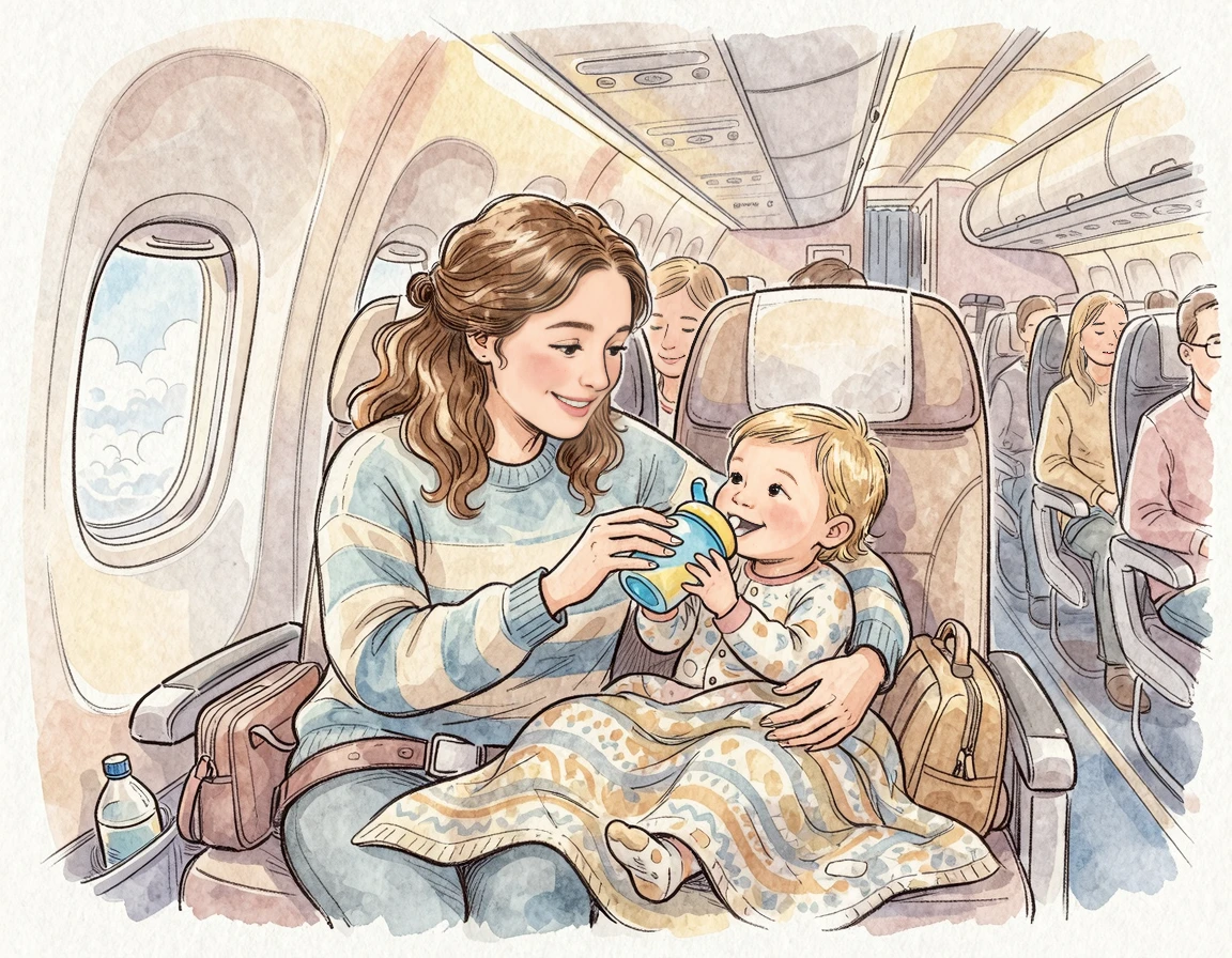 기내에서 아기에게 물을 먹이는 엄마 일러스트