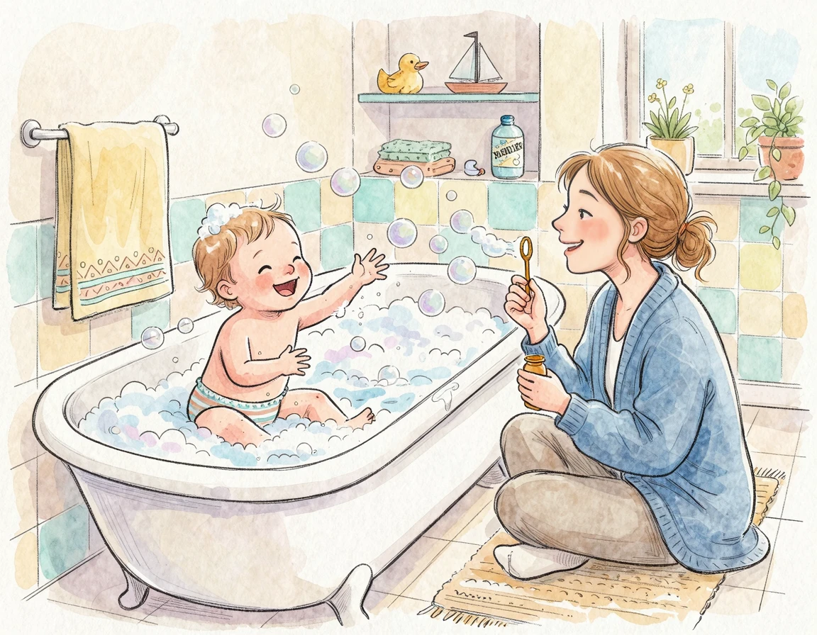 욕조에 앉아 비눗방울을 터뜨리며 즐거워하는 아이와 비눗방울을 불어주는 엄마