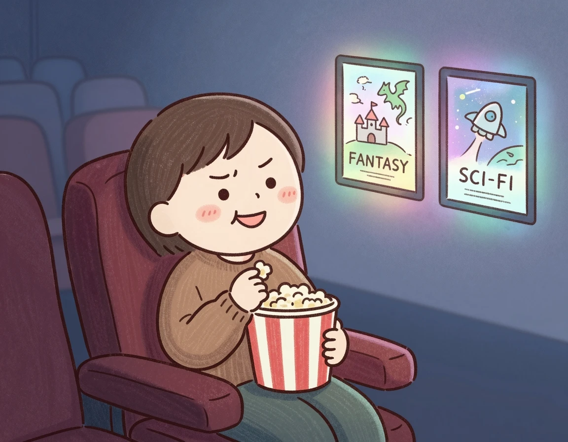 영화관 좌석에 앉아 두 개의 스크린을 보며 즐겁게 고민하는 사람