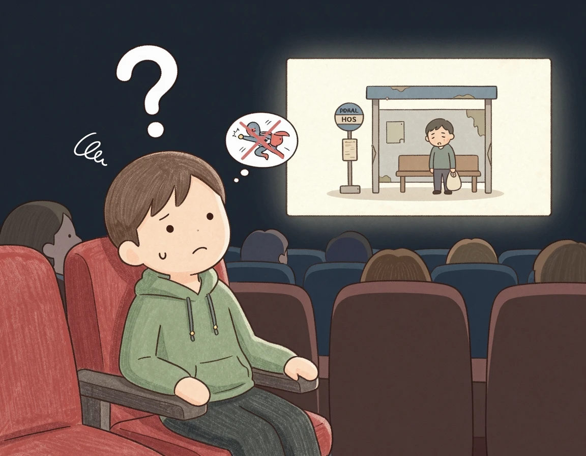 영화 화면을 보며 고개를 갸우뚱하는 사람의 모습