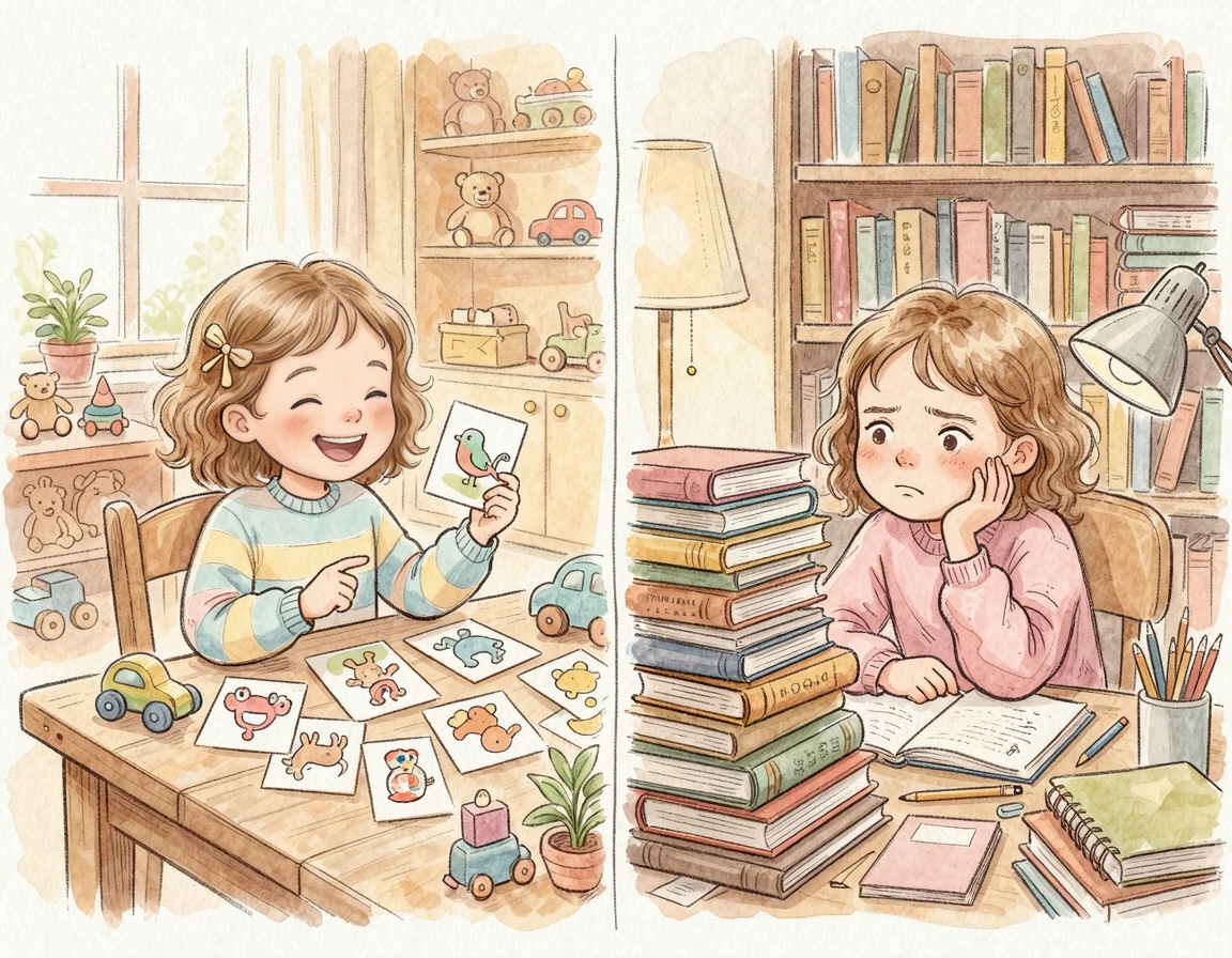 그림 카드를 보며 즐거워하는 아이와 책더미 앞에서 스트레스 받는 아이의 비교 모습