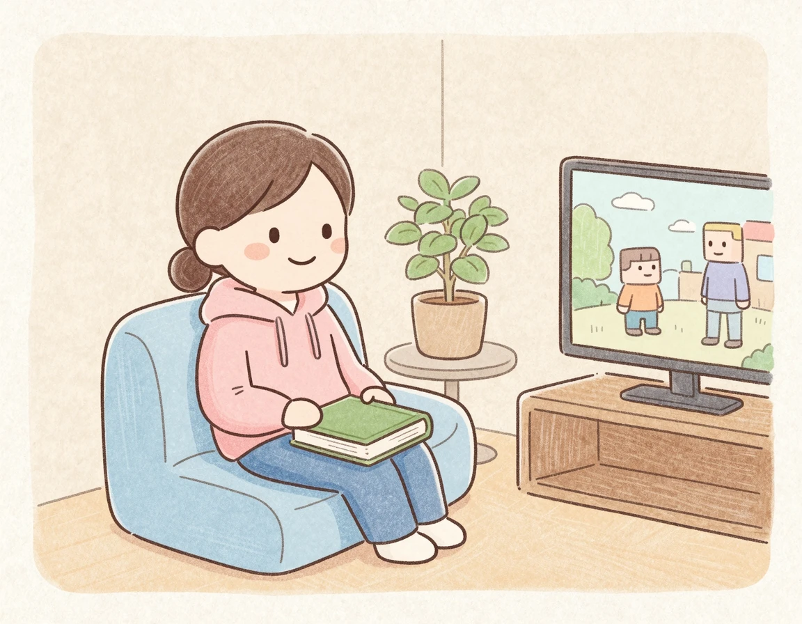 무릎에 책을 두고 영화를 감상하는 사람
