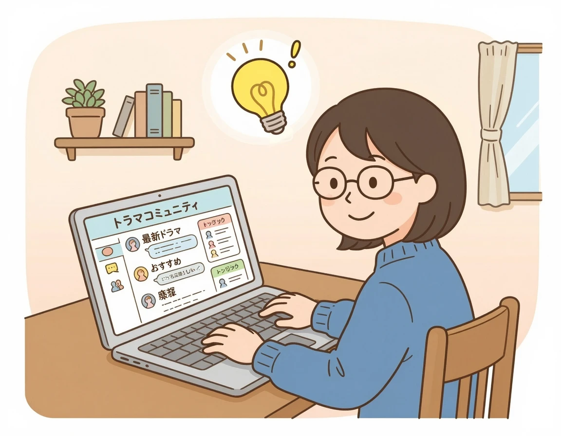 노트북으로 드라마 커뮤니티를 검색하며 정보를 찾는 모습