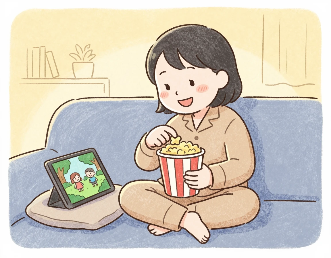 태블릿으로 영화를 보며 팝콘을 먹고 집중하는 사람