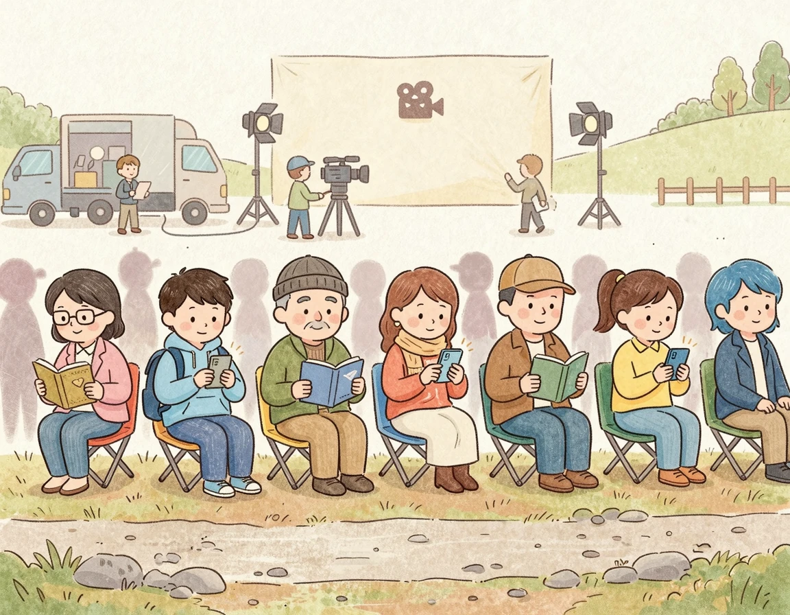 촬영장에서 작은 의자에 앉아 대기하는 사람들