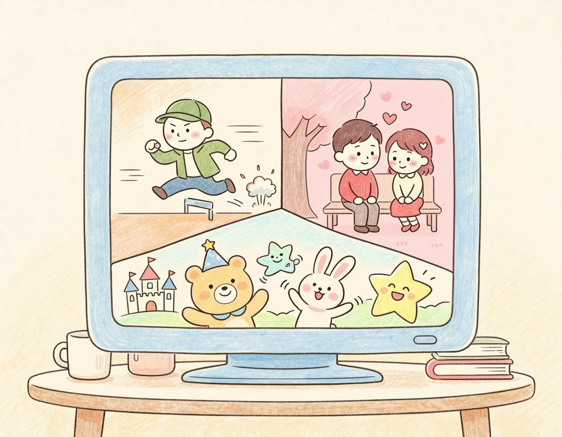 액션, 로맨스, 애니메이션 등 다양한 장르의 영화 화면 콜라주 일러스트
