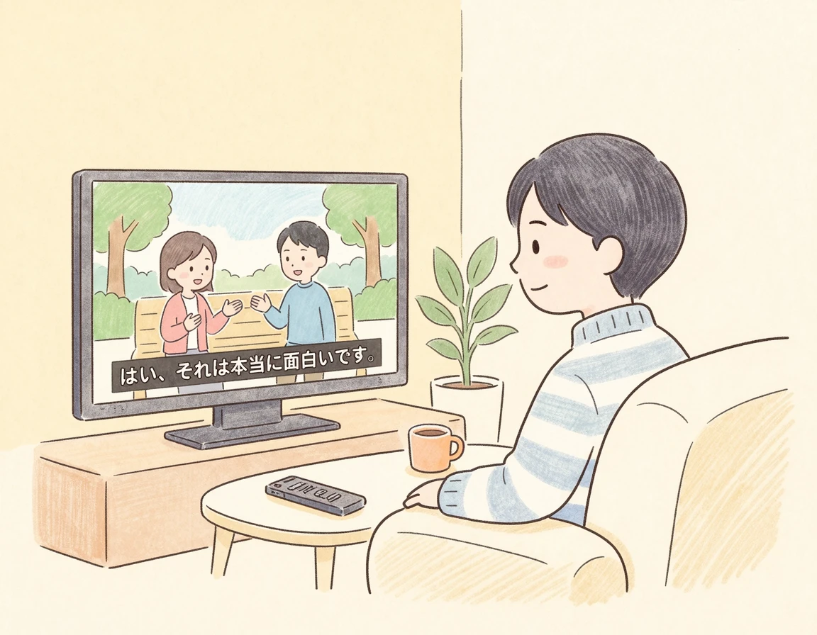 화면 하단의 자막에 집중하며 영화를 보는 사람 일러스트