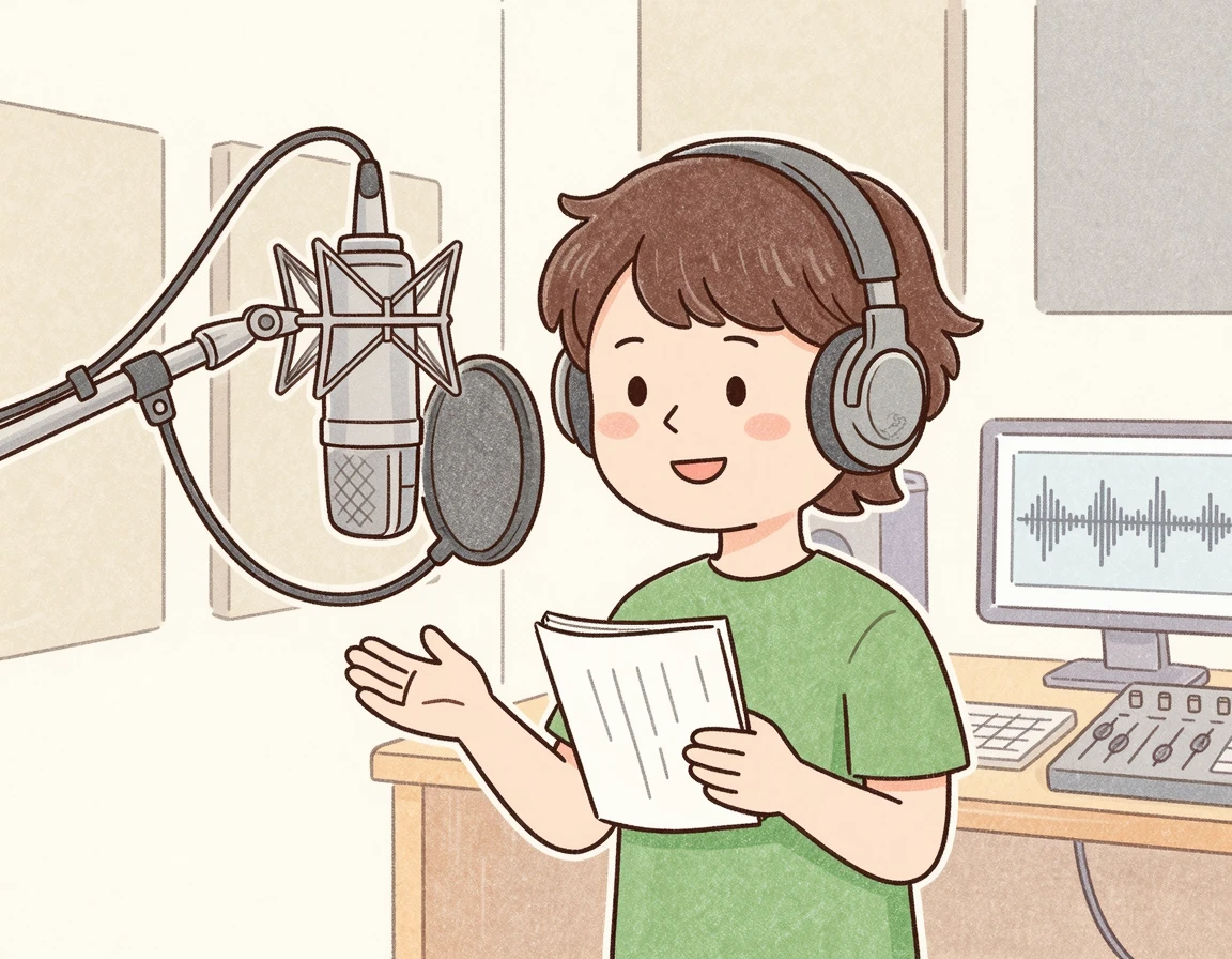 스튜디오에서 마이크에 대고 더빙 연기를 하는 성우 일러스트