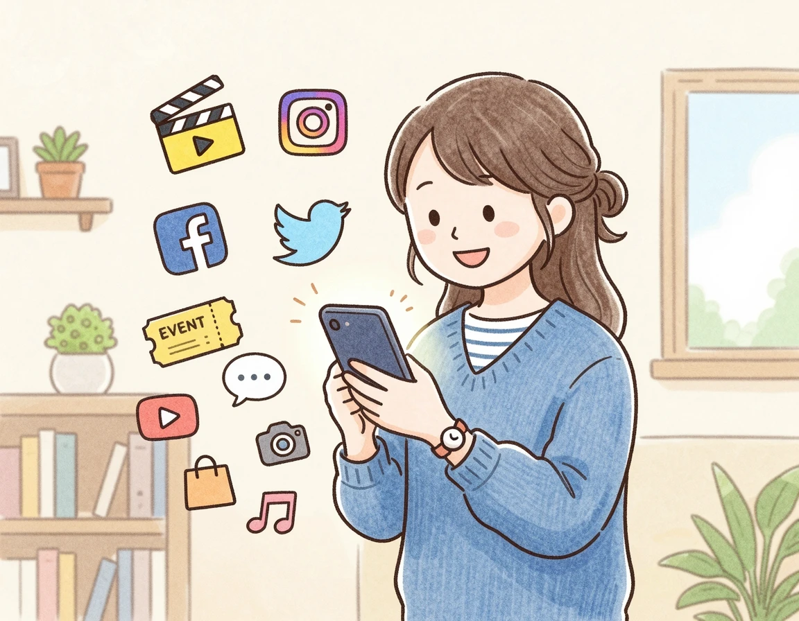 스마트폰으로 다양한 영화 시사회 채널을 탐색하는 모습 일러스트
