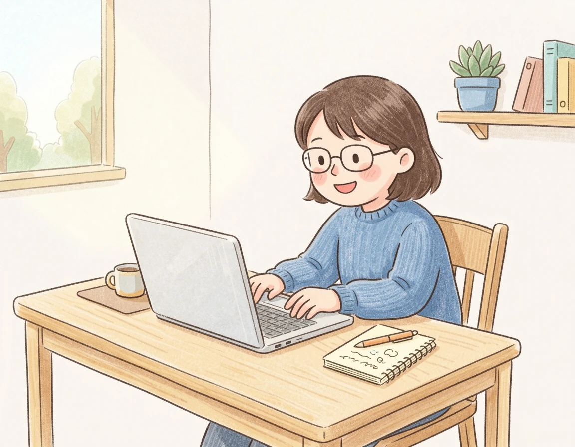 노트북으로 정성스럽게 영화 기대평을 작성하는 사람 일러스트