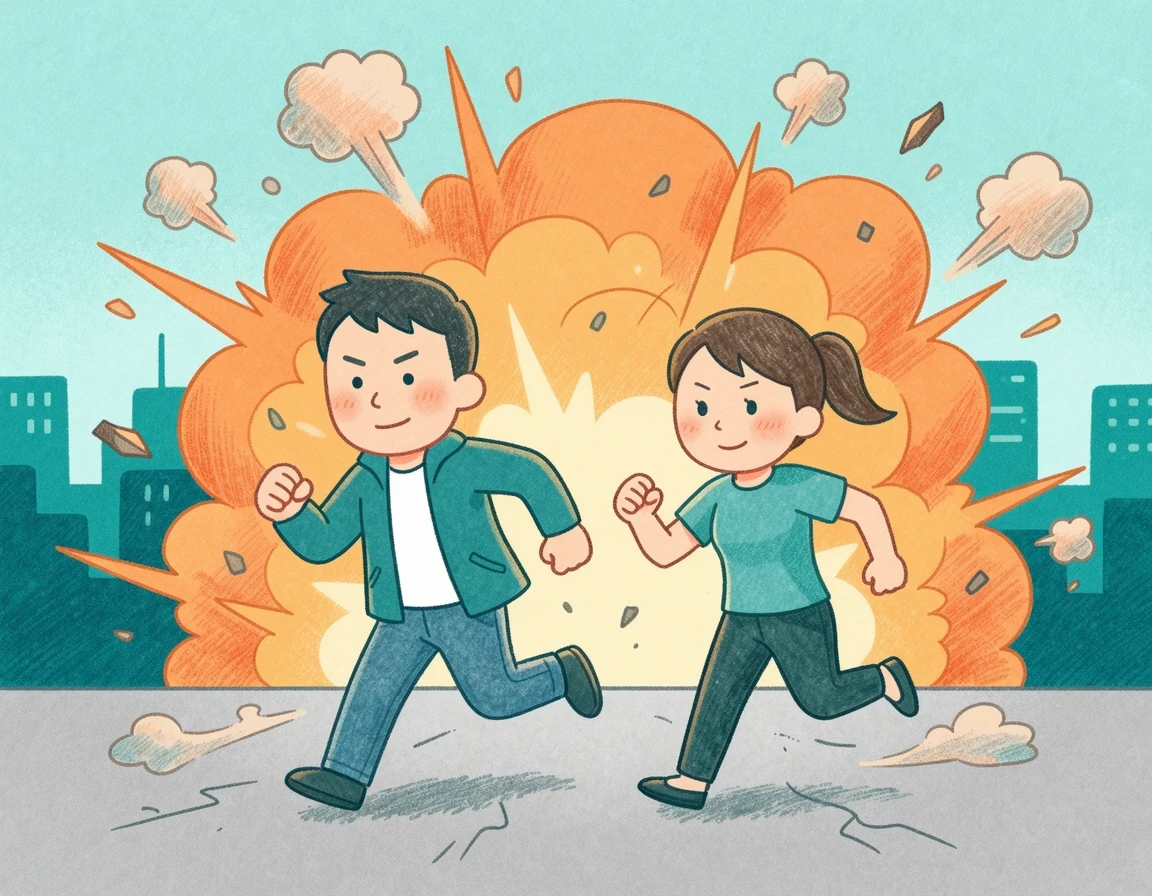 틸 앤 오렌지 색감이 돋보이는 역동적인 액션 영화 폭발 장면 일러스트