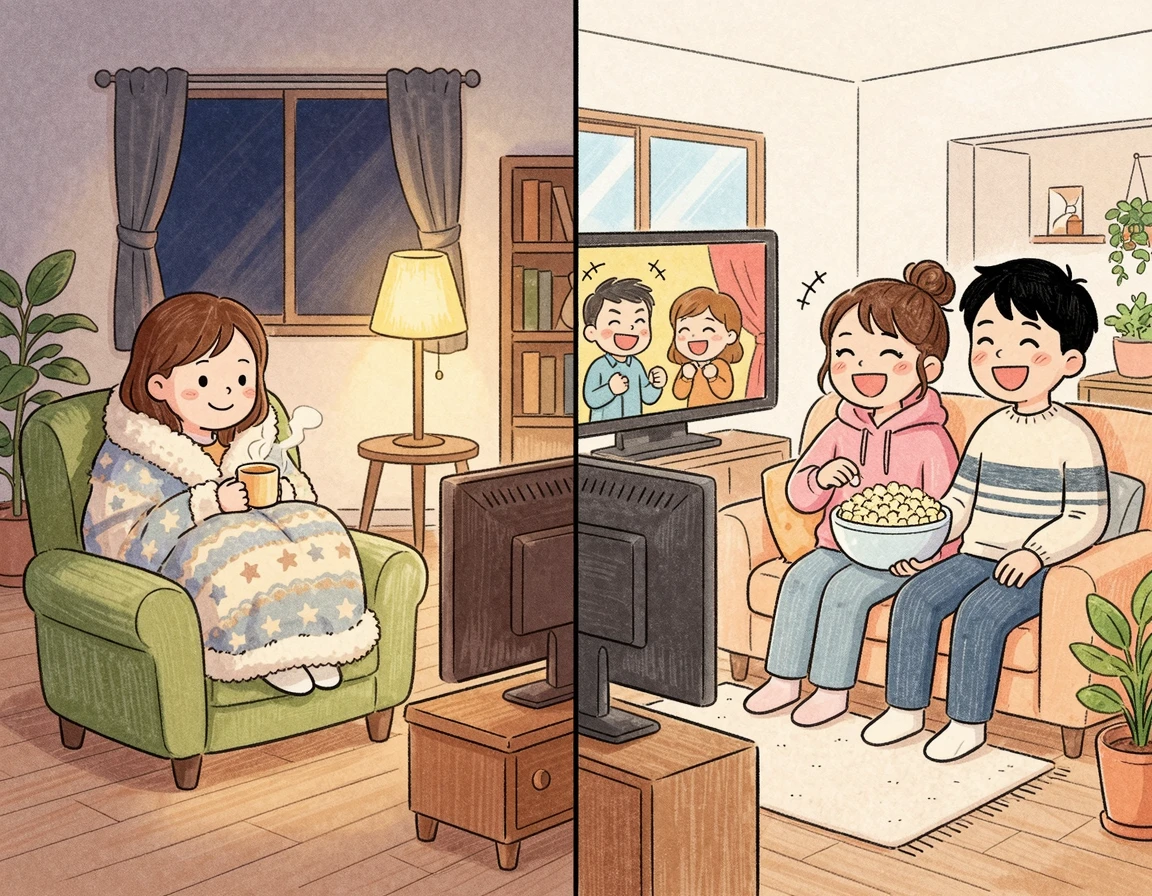혼자 영화를 보는 모습과 친구와 함께 영화를 보는 모습 비교 일러스트