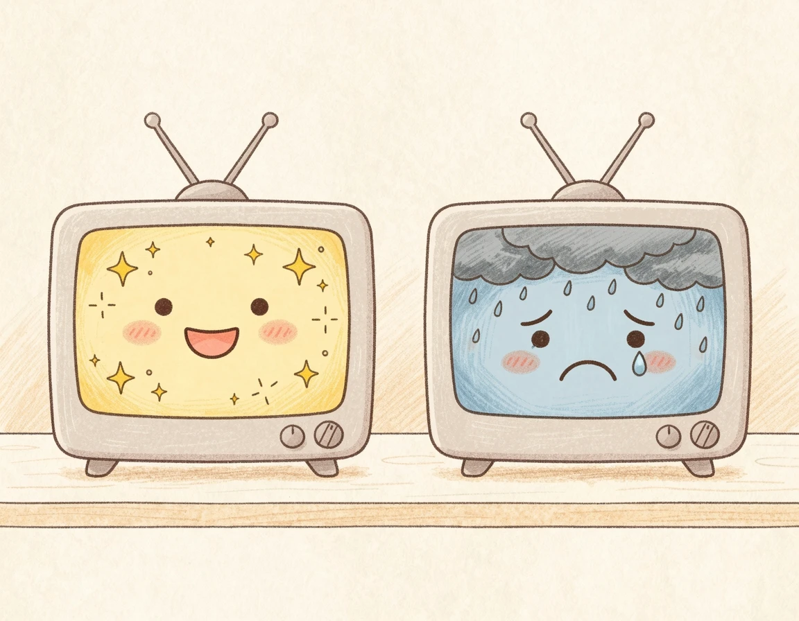 웃는 표정과 우울한 표정이 대비되는 두 대의 TV 화면 일러스트