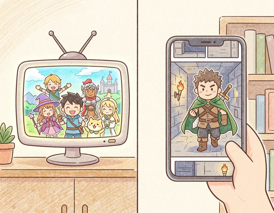 TV 드라마의 앙상블과 스마트폰 웹툰의 1인칭 시점을 비교하는 일러스트