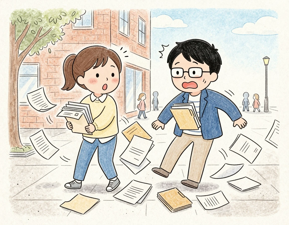 길에서 우연히 부딪혀 문서를 떨어뜨리는 두 인물