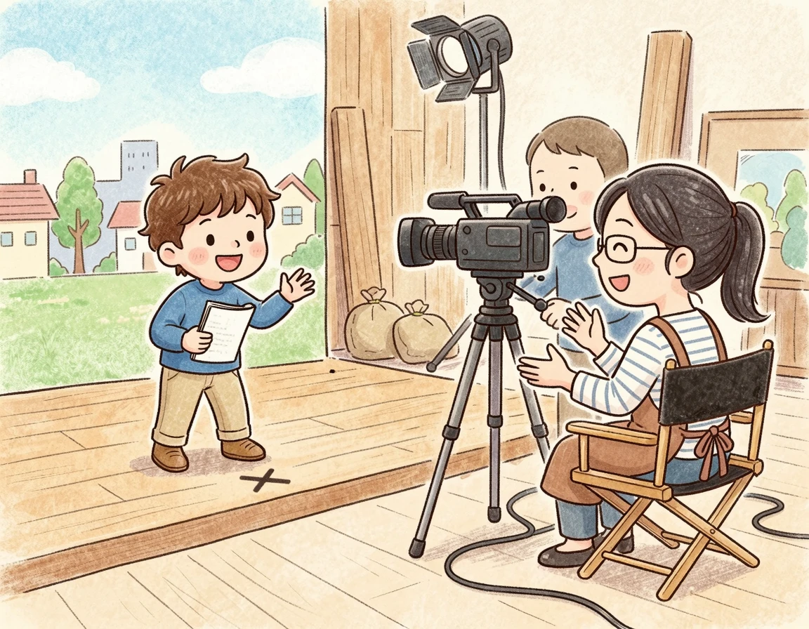 감독님의 디렉팅을 받으며 연기하는 아역 배우의 모습