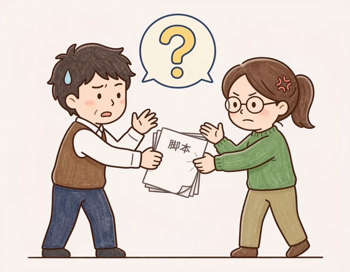 대본을 들고 옥신각신하는 감독과 작가 일러스트