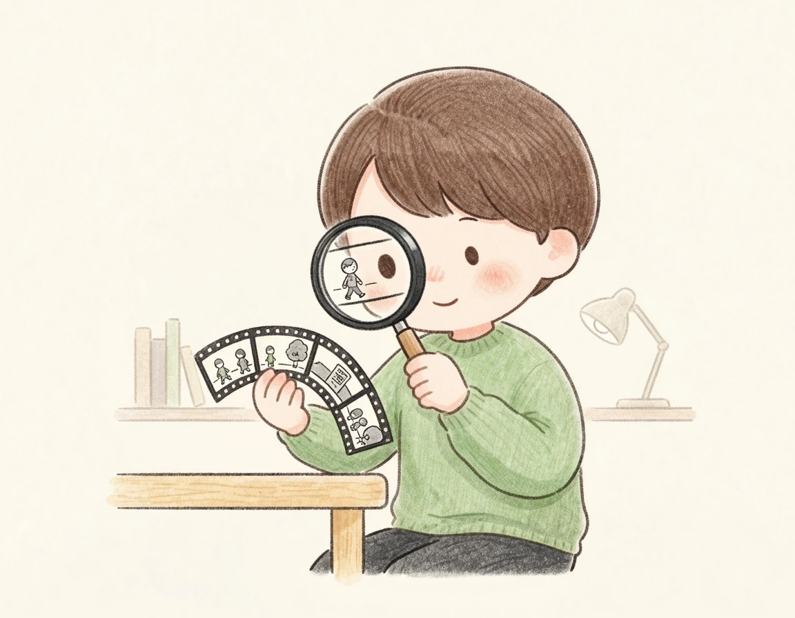 돋보기를 들고 영화 필름을 분석하는 귀여운 사람