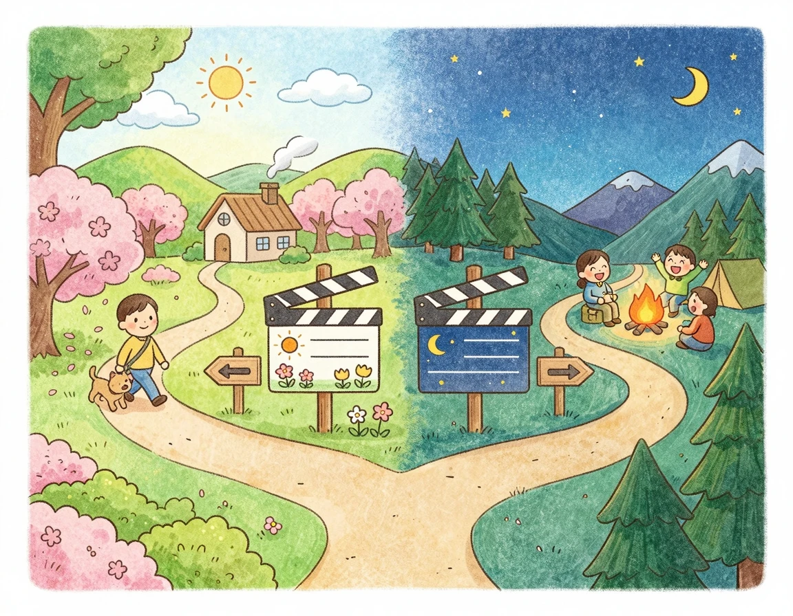 두 갈래 길로 나뉘는 영화 결말 슬레이트 일러스트