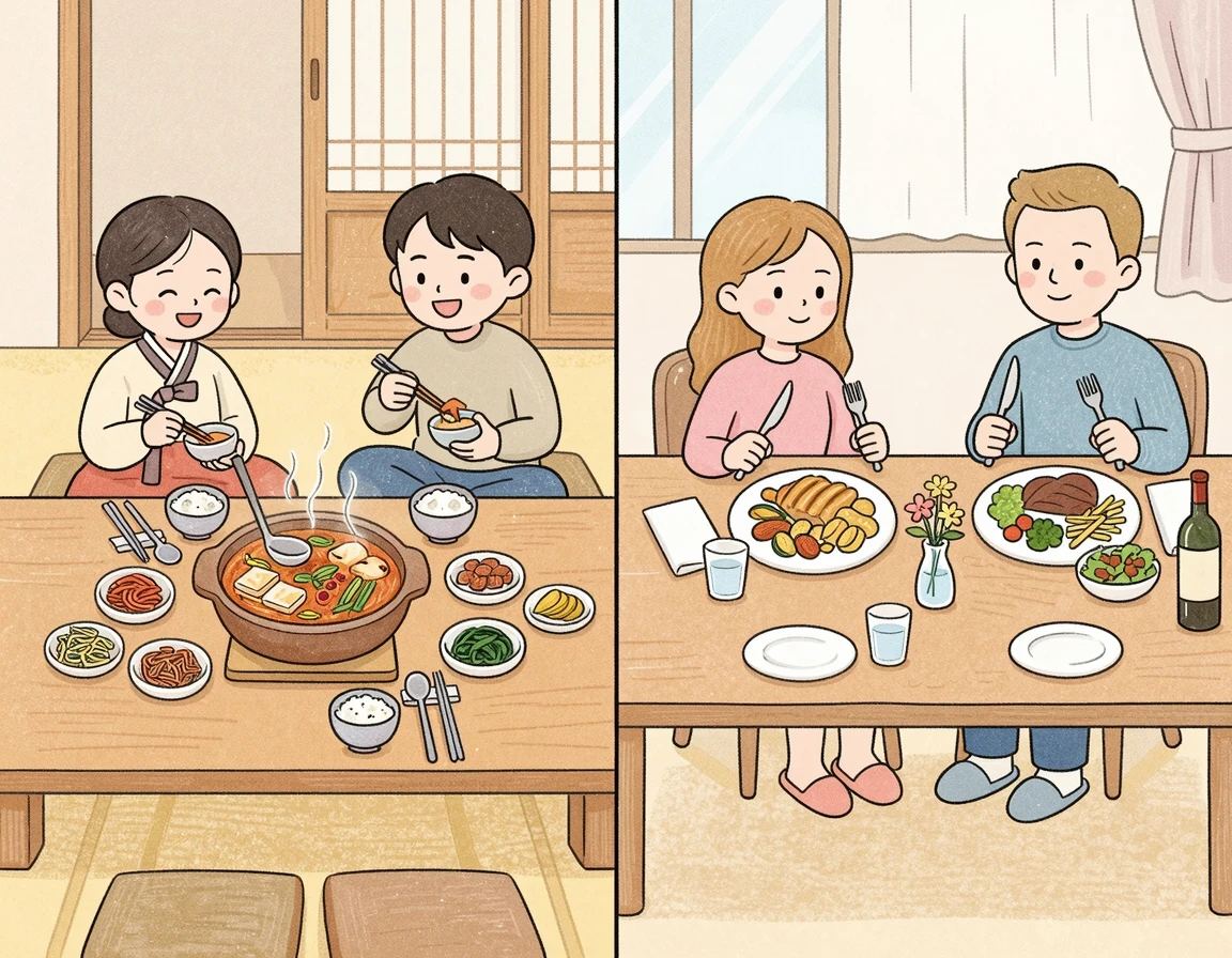 한국의 찌개 공유 식문화와 서양의 개인 접시 식문화를 비교한 일러스트