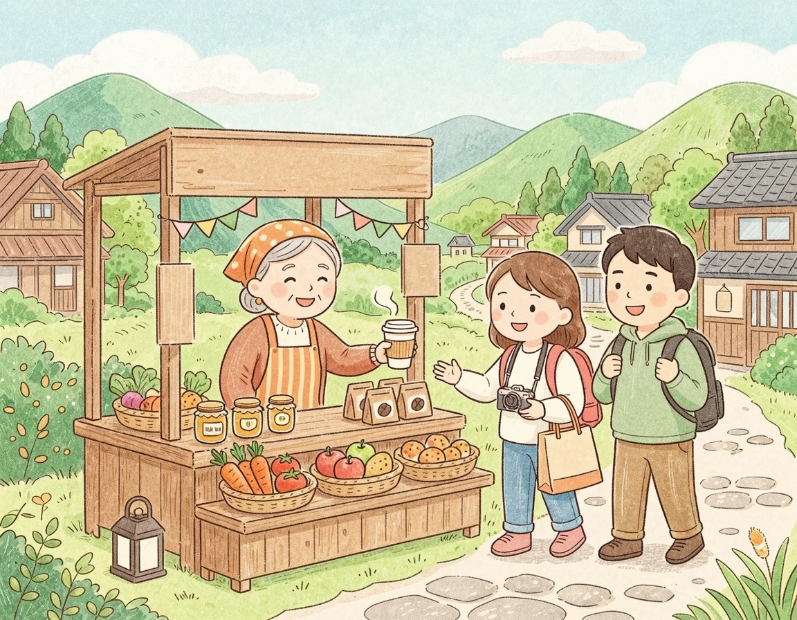 관광객에게 물건을 팔며 미소 짓는 지역 소상공인 일러스트