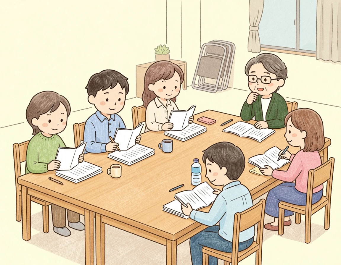 테이블에 모여 대본 리딩을 하는 배우들과 감독 일러스트