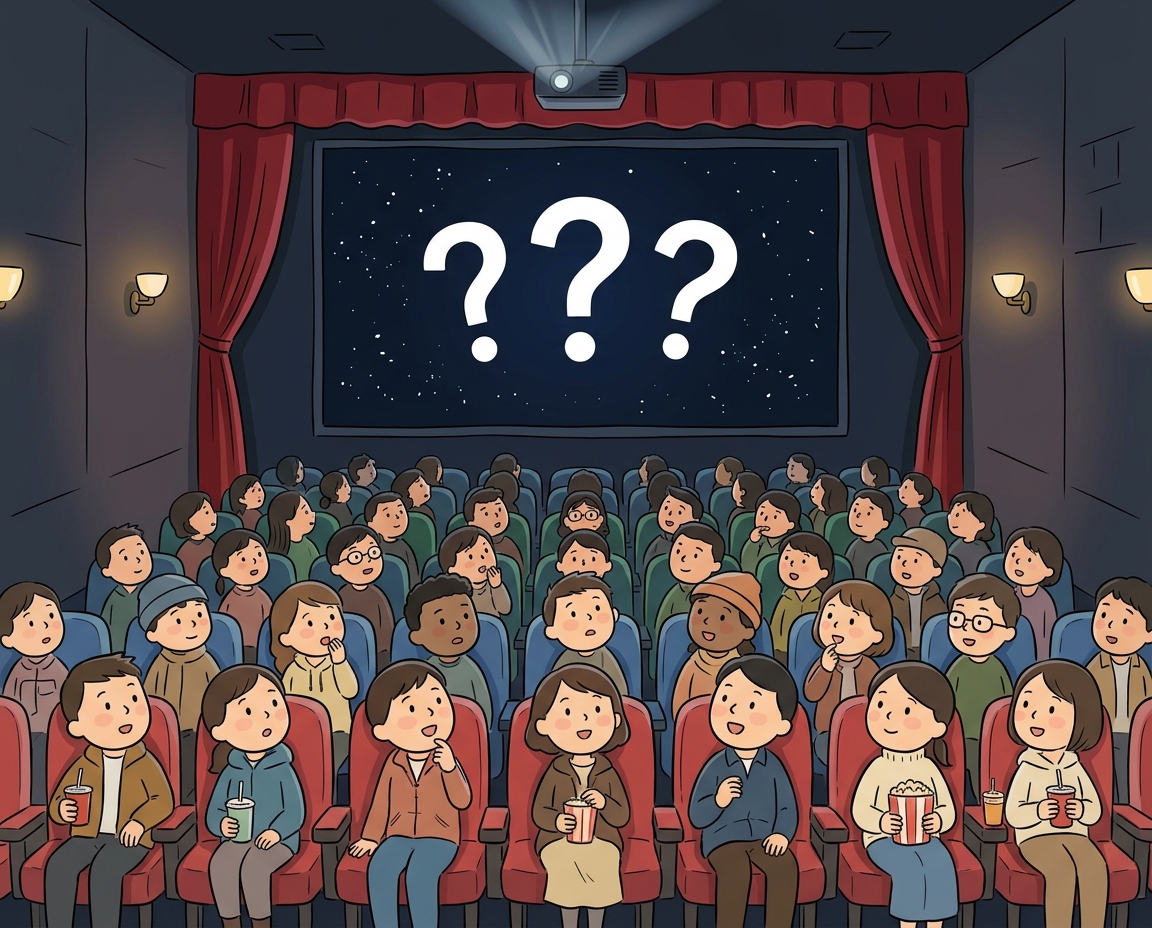 영화 제목이 가려진 블라인드 시사회를 보는 호기심 가득한 관객들 일러스트